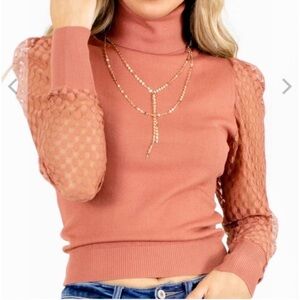 BOUTIQUE Womens Girly Romantic Rose Puff Lace Sleeve Turtleneck Sweater Top Sz L